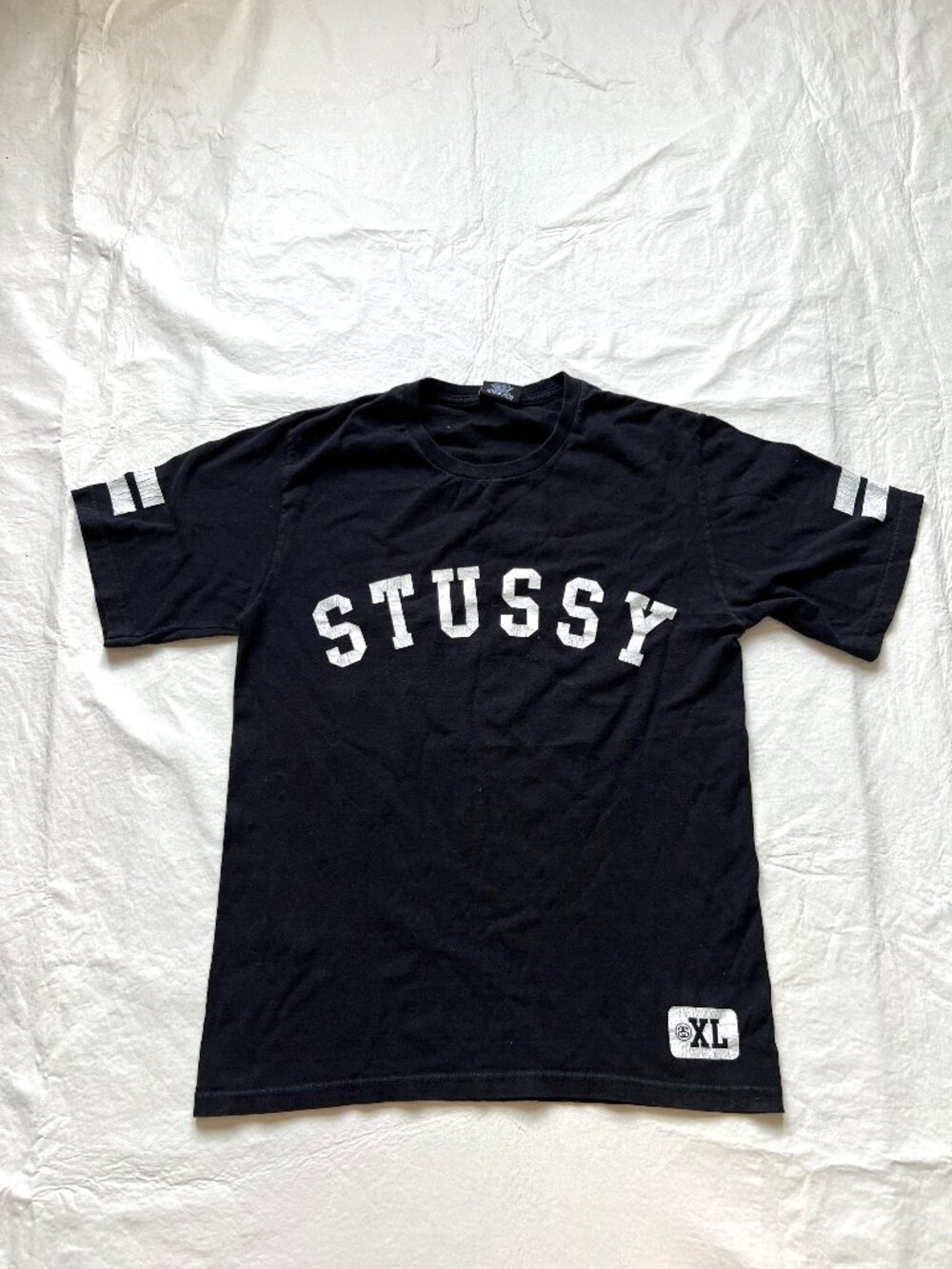 Stussy t shirt black white athletic stripes adult small 80 tee short sleeve